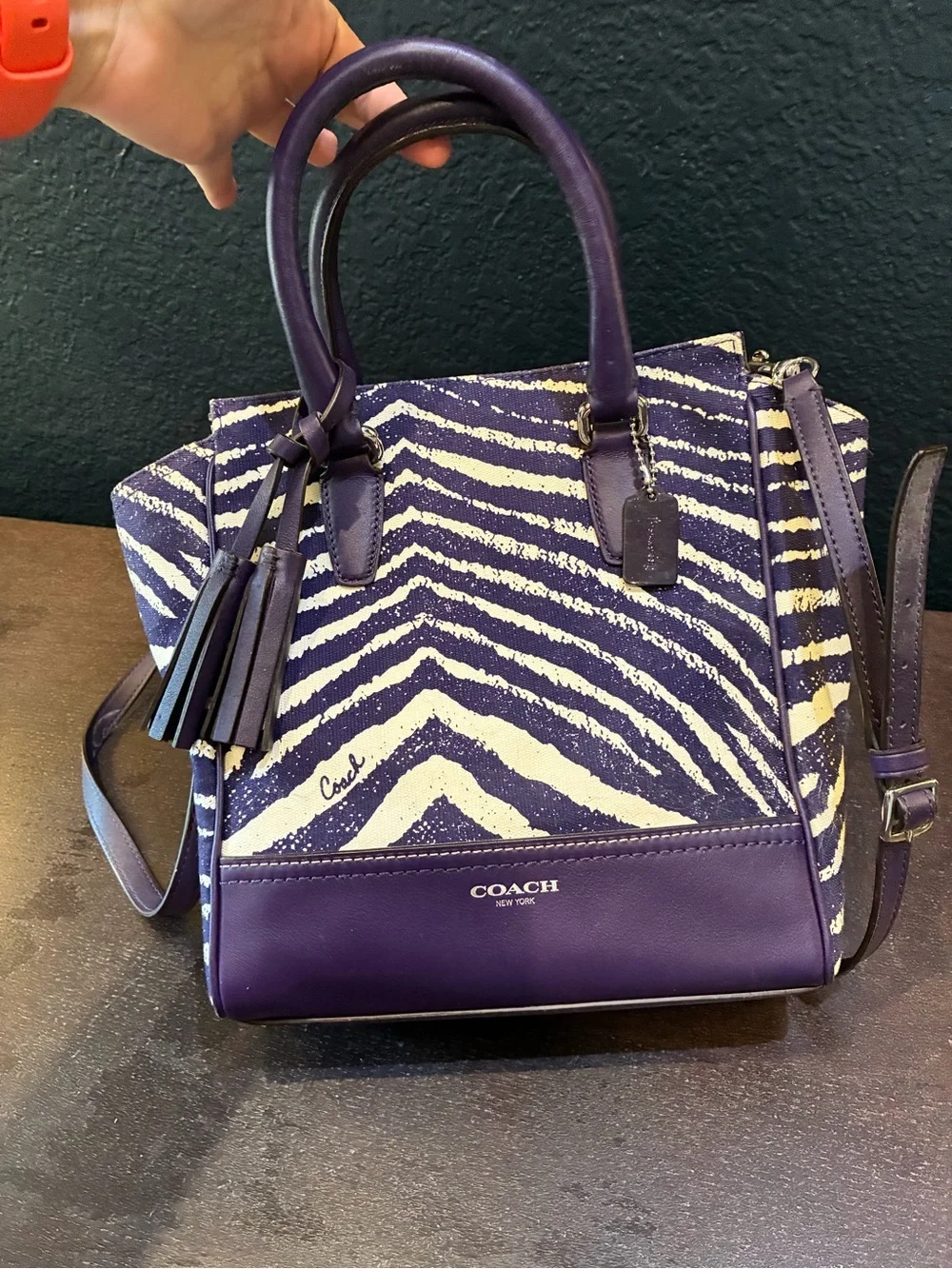 Coach Purple and White Zebra-Print Leather Satchel with Removable Strap